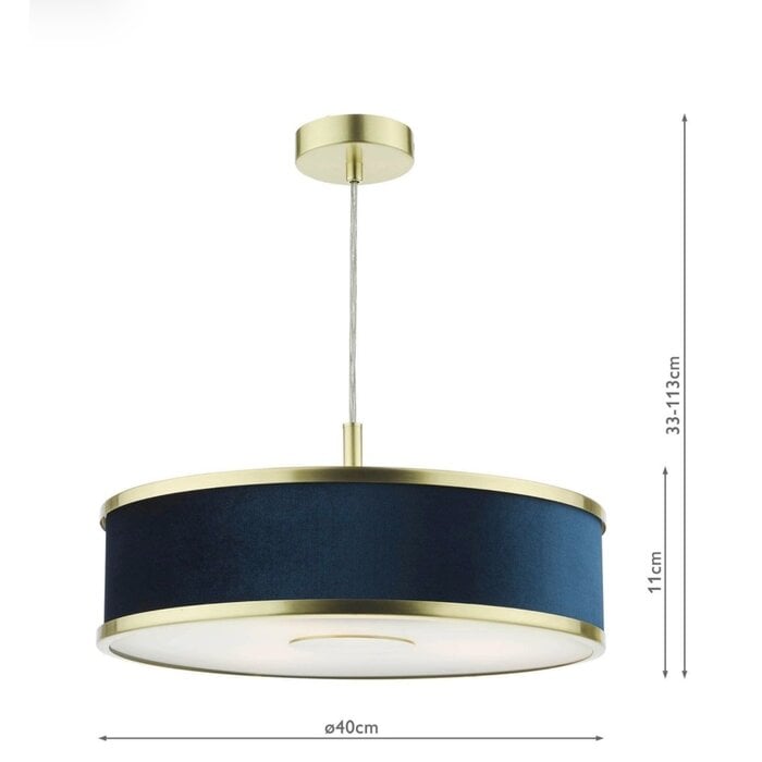 Alva  - Modern Pendant Ceiling Light  - Brushed Brass and Blue Velvet - 40cm