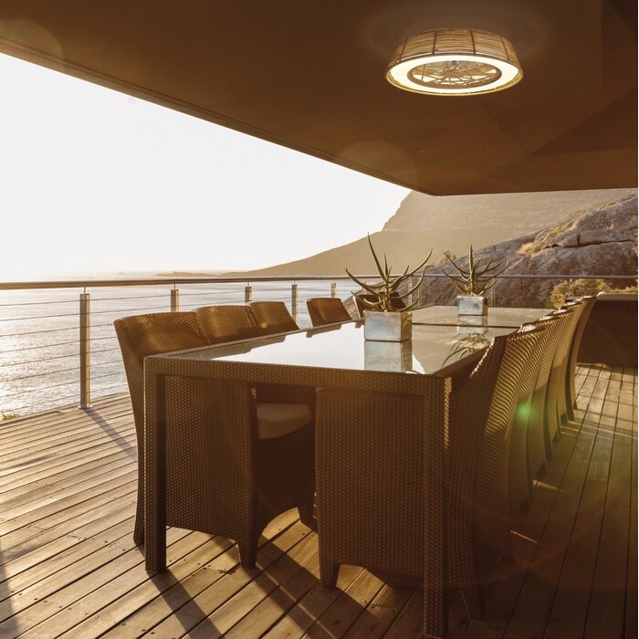Bermuda Mini - LED Dimmable Ceiling Light with Built-In Fan - Beige Rattan