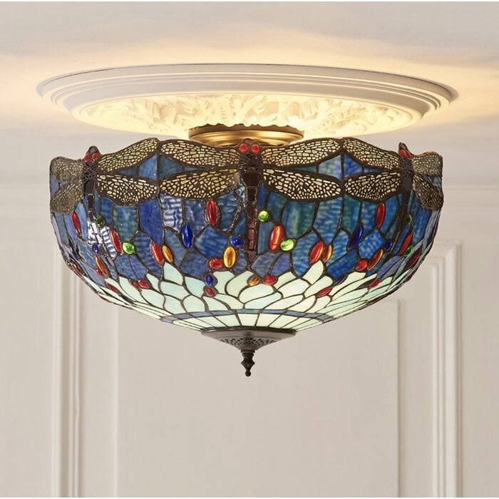 Dragonfly Blue - Tiffany Large 3 Light Semi Flush Ceiling Light