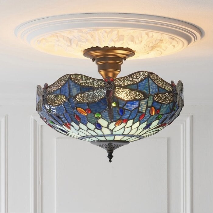 Dragonfly Blue - Tiffany 3 Light Semi Flush Ceiling Light