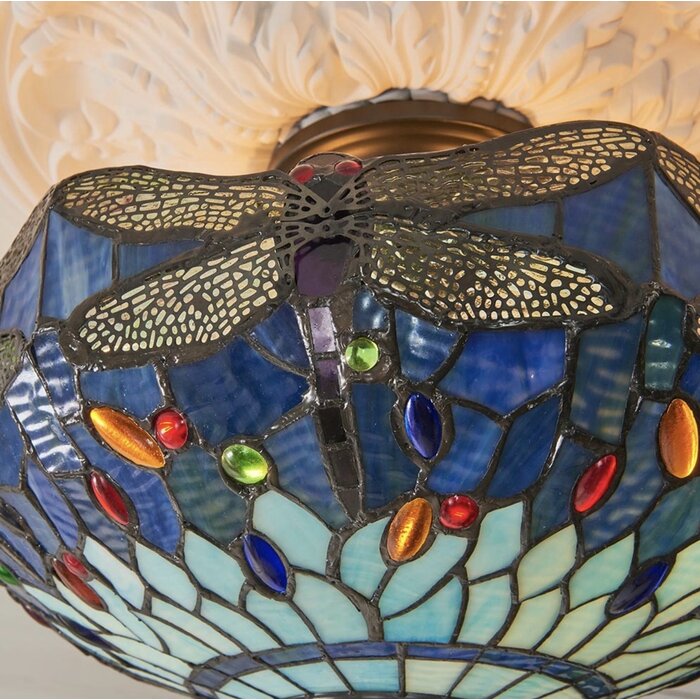 Dragonfly Blue - Tiffany 3 Light Semi Flush Ceiling Light