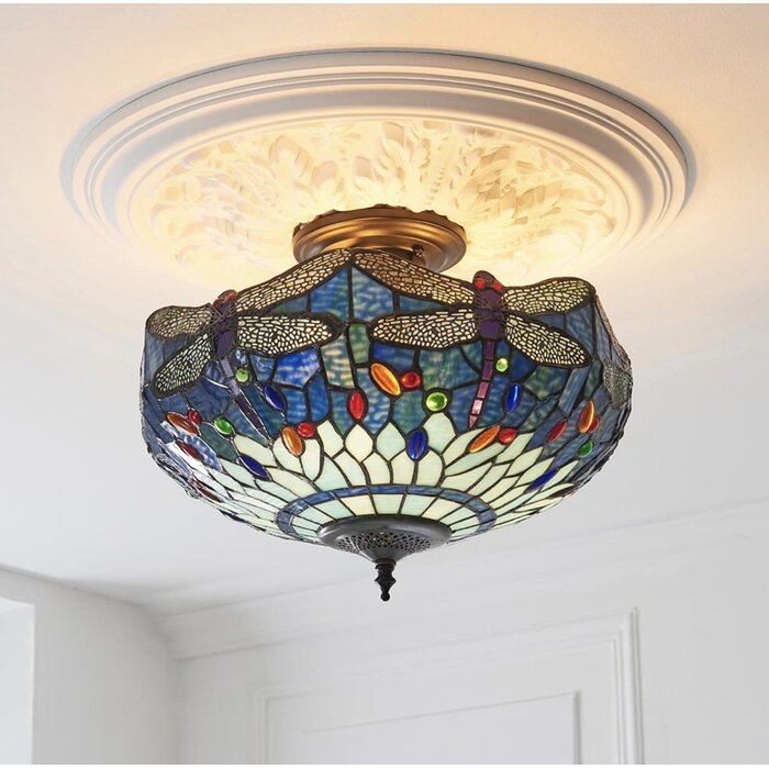 Dragonfly Blue - Tiffany 3 Light Semi Flush Ceiling Light