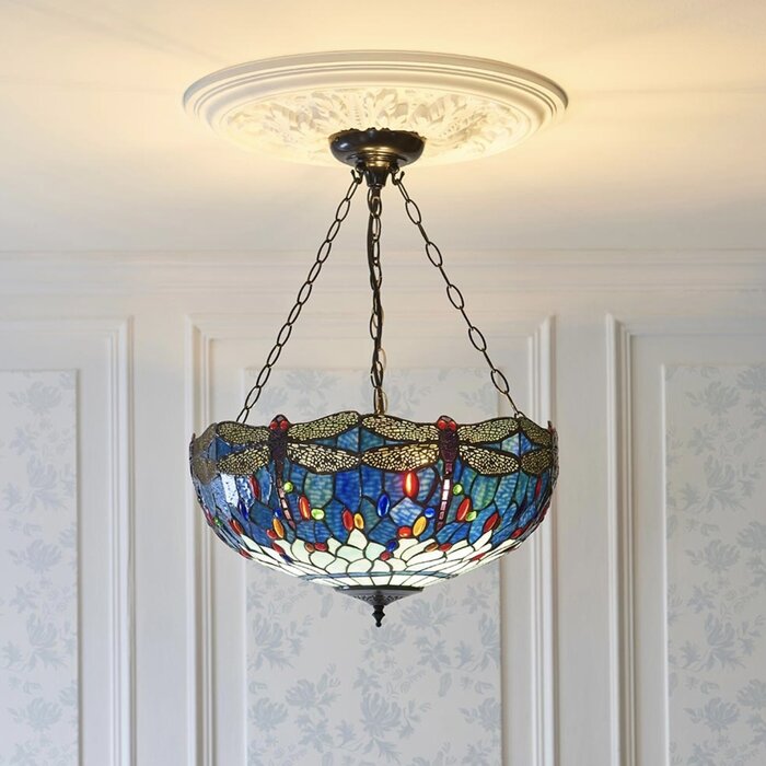 Dragonfly Blue - Tiffany Large Inverted 3 Light Ceiling Pendant