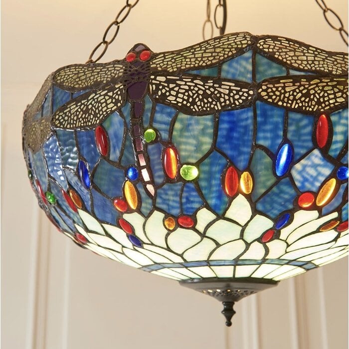 Dragonfly Blue - Tiffany Large Inverted 3 Light Ceiling Pendant