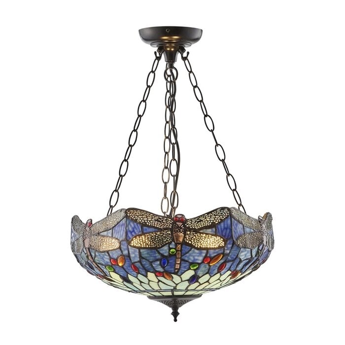 Dragonfly Blue - Tiffany Large Inverted 3 Light Ceiling Pendant