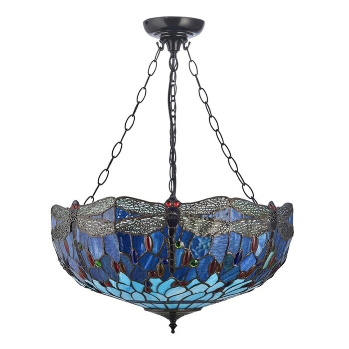 Dragonfly Blue - Tiffany Large Inverted 3 Light Ceiling Pendant