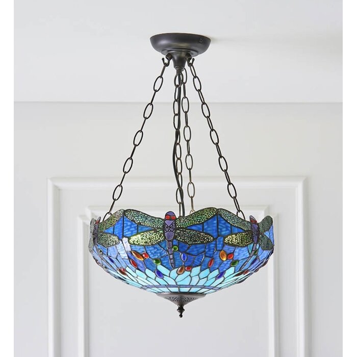 Dragonfly Blue - Tiffany Medium Inverted 3 Light Ceiling Pendant