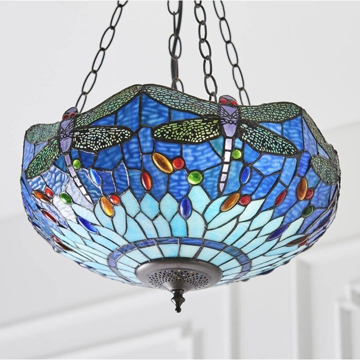 Dragonfly Blue - Tiffany Medium Inverted 3 Light Ceiling Pendant