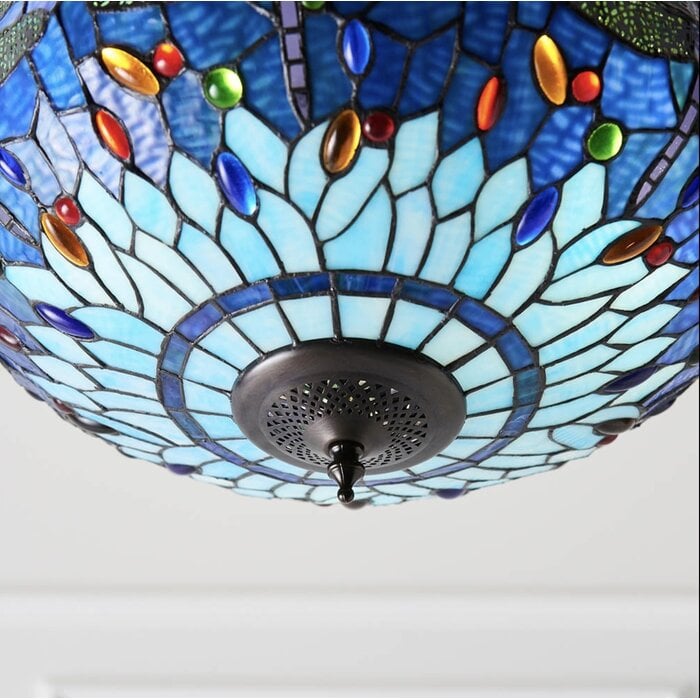 Dragonfly Blue - Tiffany Medium Inverted 3 Light Ceiling Pendant