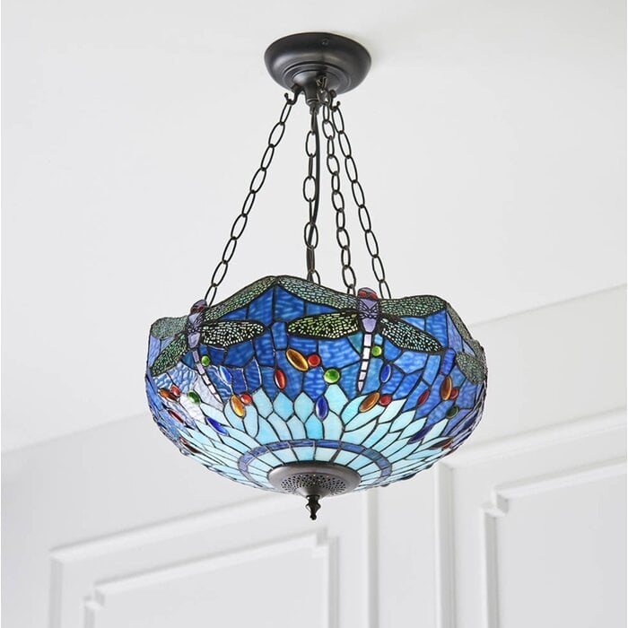 Dragonfly Blue - Tiffany Medium Inverted 3 Light Ceiling Pendant