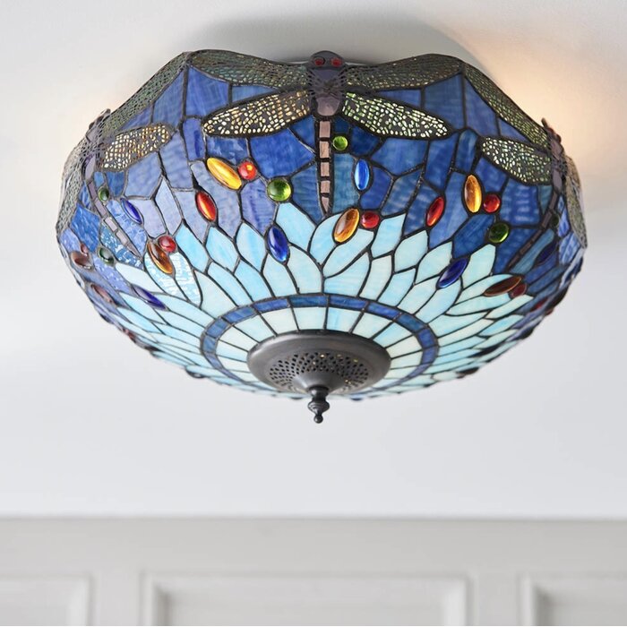 Dragonfly Blue - Tiffany 2 Light Flush Ceiling Light