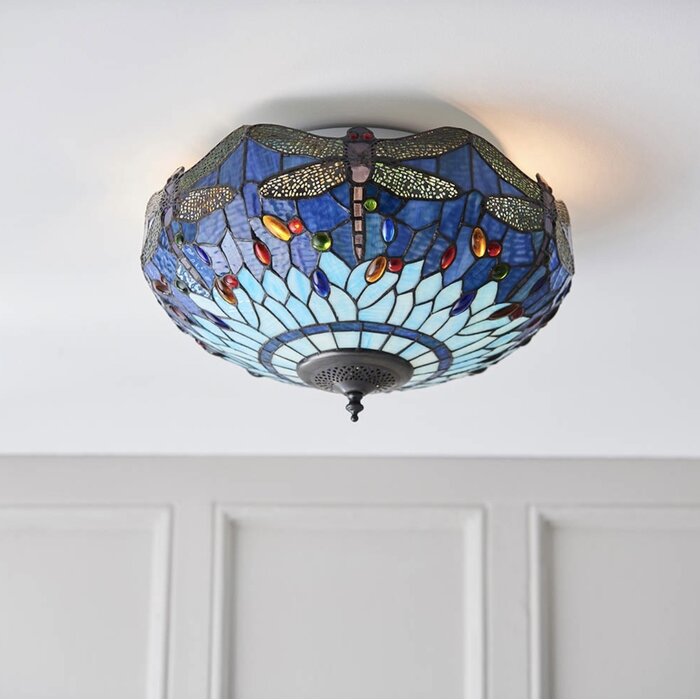 Dragonfly Blue - Tiffany 2 Light Flush Ceiling Light
