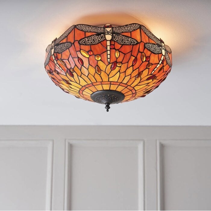 Dragonfly Flame - Tiffany 2 Light Flush Ceiling Light
