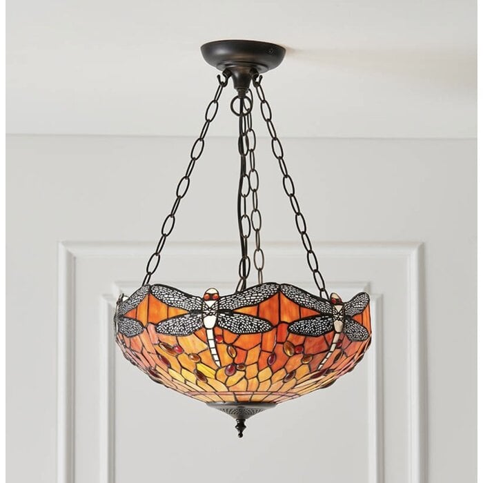 Dragonfly Flame - Tiffany Medium Inverted 3 Light Ceiling Pendant