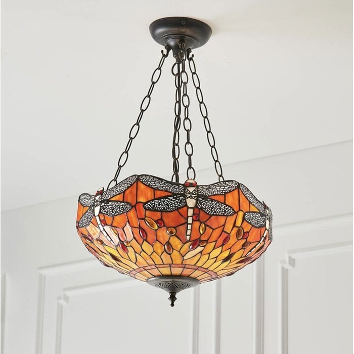 Dragonfly Flame - Tiffany Medium Inverted 3 Light Ceiling Pendant