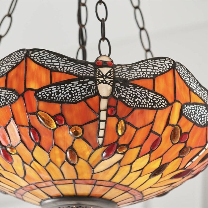 Dragonfly Flame - Tiffany Medium Inverted 3 Light Ceiling Pendant