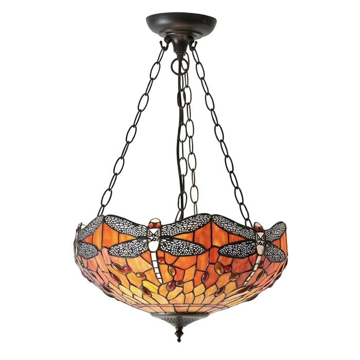 Dragonfly Flame - Tiffany Medium Inverted 3 Light Ceiling Pendant