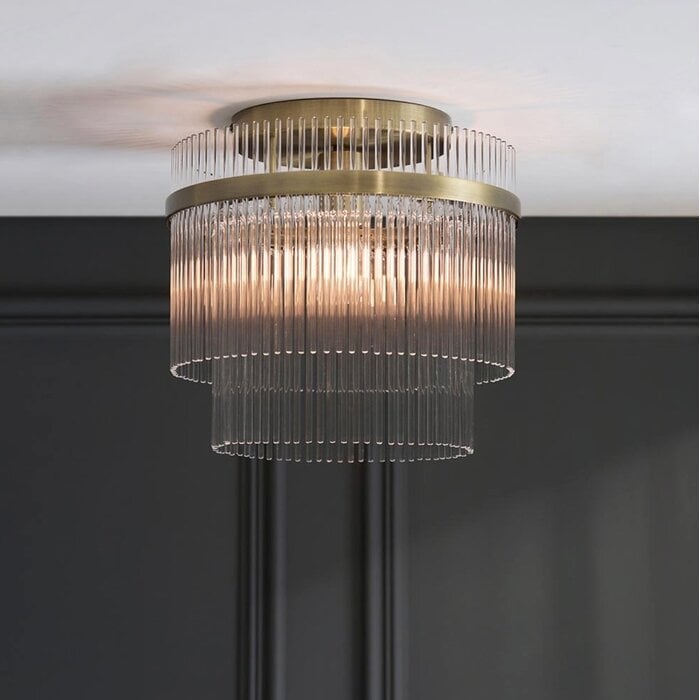 Delano - Art Deco Glass Rod Flush Ceiling Light - Antique Brass