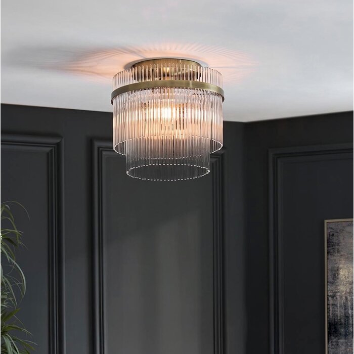 Delano - Art Deco Glass Rod Flush Ceiling Light - Antique Brass