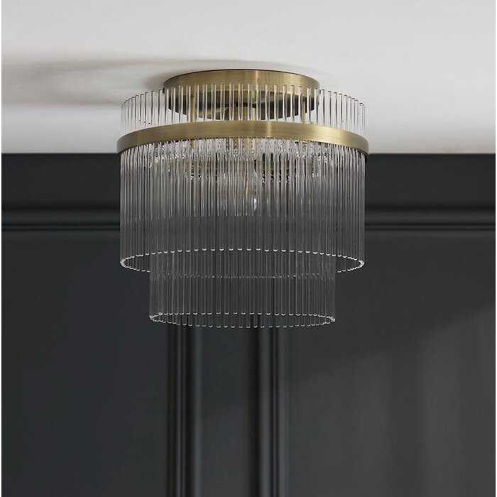 Delano - Art Deco Glass Rod Flush Ceiling Light - Antique Brass