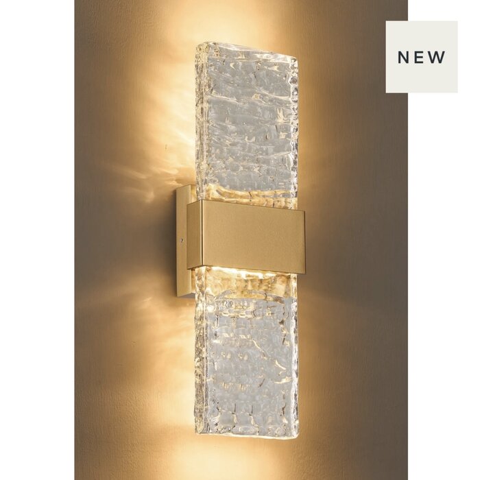Troy - Large Up and Down Wall Light - Satin Gold with Ripple Wave Glass