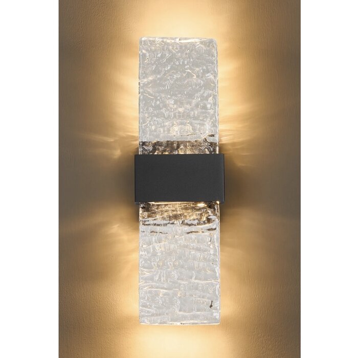 Troy - Large Up and Down Wall Light - Black with Ripple Wave Glass