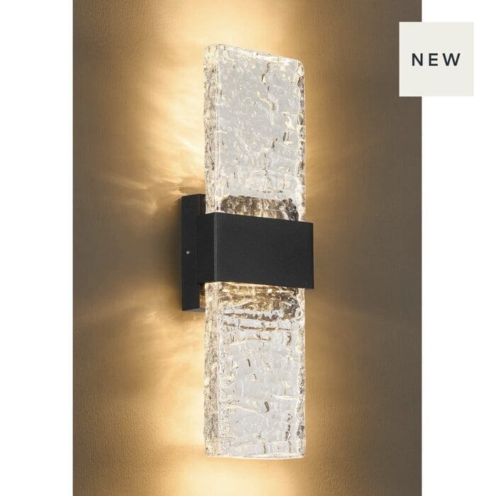 Troy - Large Up and Down Wall Light - Black with Ripple Wave Glass