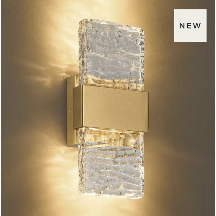 Troy - Up and Down Wall Light - Satin Gold with Ripple Wave Glass