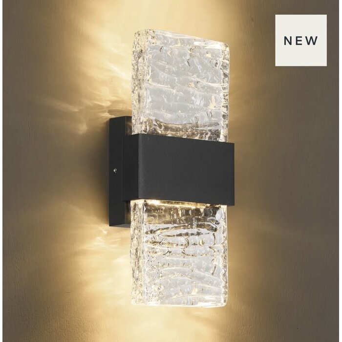 Troy - Up and Down Wall Light - Black with Ripple Wave Glass