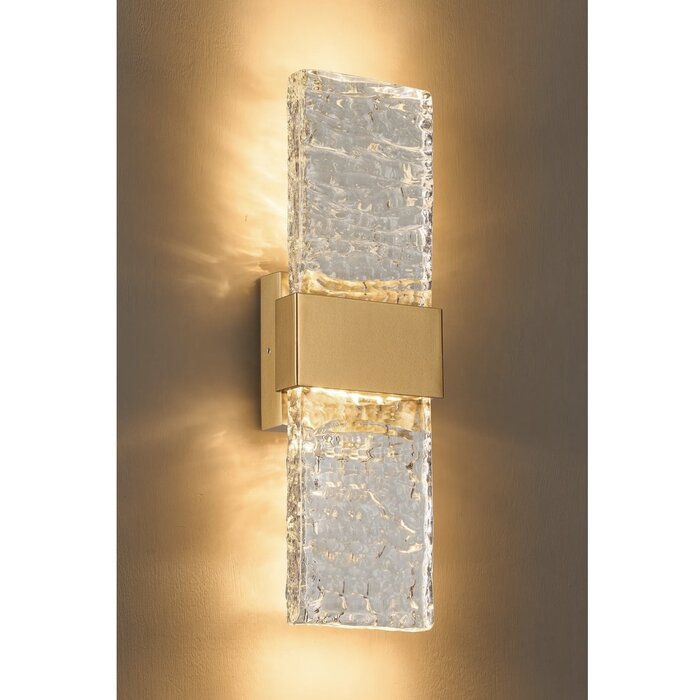 Troy - Large Up and Down Wall Light - Satin Gold with Ripple Wave Glass