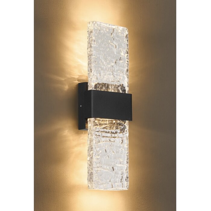 Troy - Large Up and Down Wall Light - Black with Ripple Wave Glass