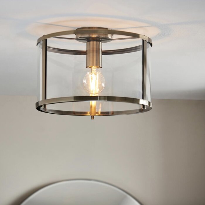 Hopton - Modern Classic Flush Glass Lantern Ceiling Light - Antique Brass