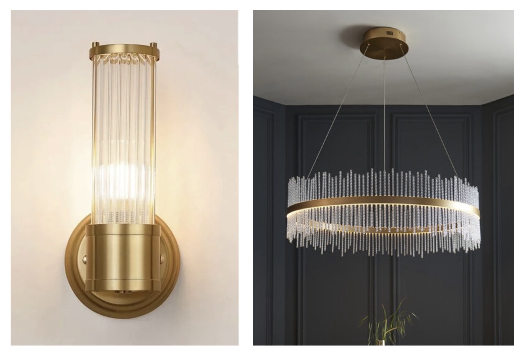 Tai single light gold wall light and Filey gold statement pendant