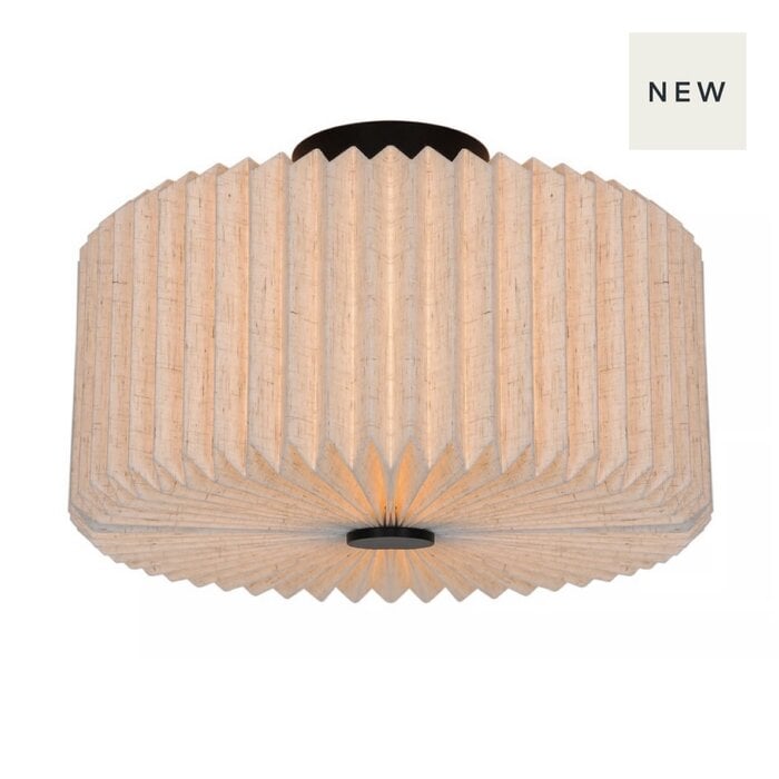 Westwood - Scandi Flush Ceiling Light - Black with Natural Pleated Fabric Shade