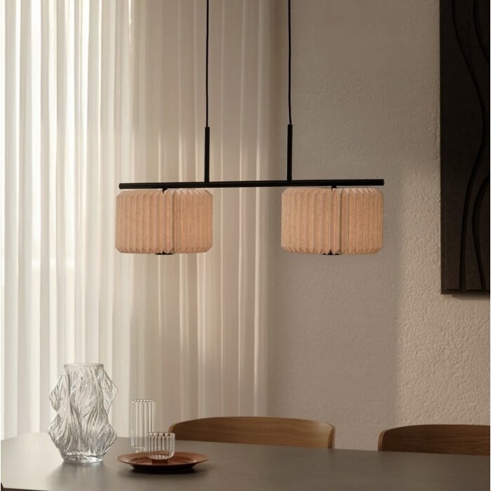 Westwood - Scandi Dual Pendant Ceiling Light - Black with Natural Pleated Fabric Shades