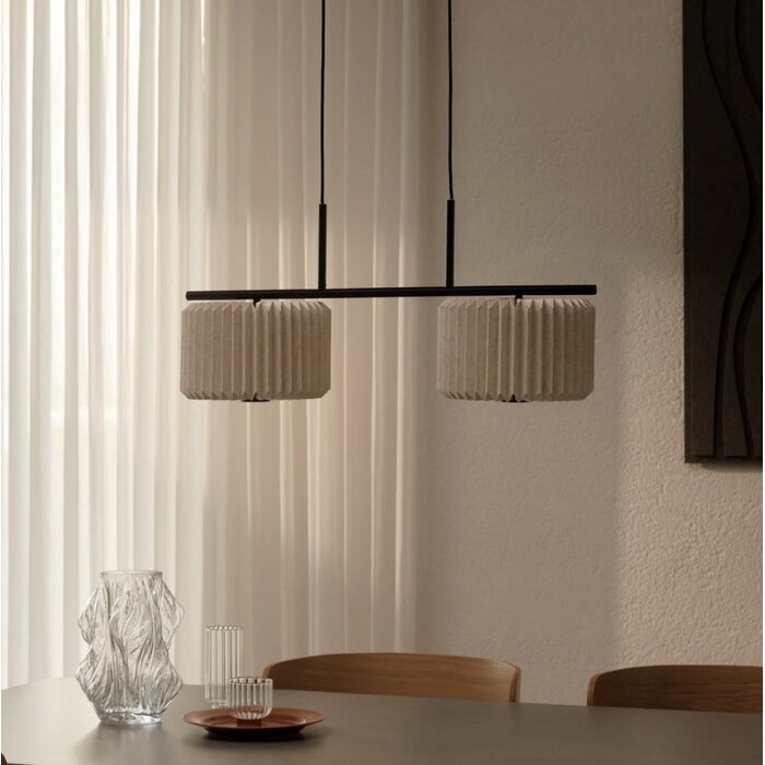 Westwood - Scandi Dual Pendant Ceiling Light - Black with Natural Pleated Fabric Shades