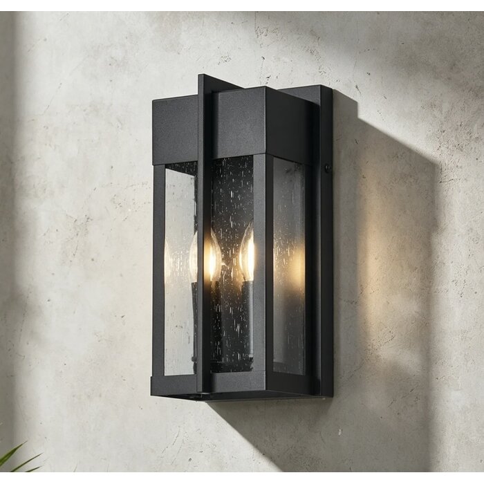 Studley - 2 Light Outdoor Flush Wall Light - Satin Black with Seeded Clear Glass