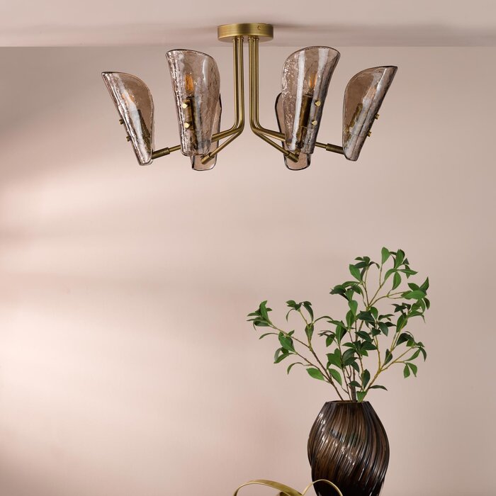 Ordelle - 6 Light Adjustable Semi-Flush Ceiling Light - Antique Bronze and Tea Smoked Glass