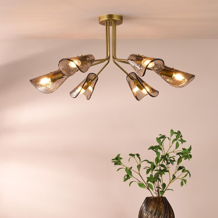 Ordelle - 6 Light Adjustable Semi-Flush Ceiling Light - Antique Bronze and Tea Smoked Glass