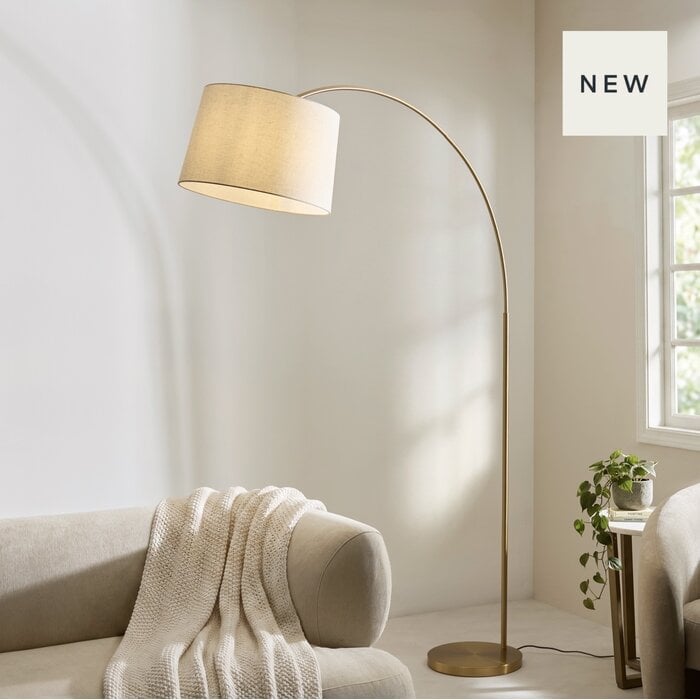 Carlton XL Modern Arc Brass Floor Lamp with Natural Fabric Shade
