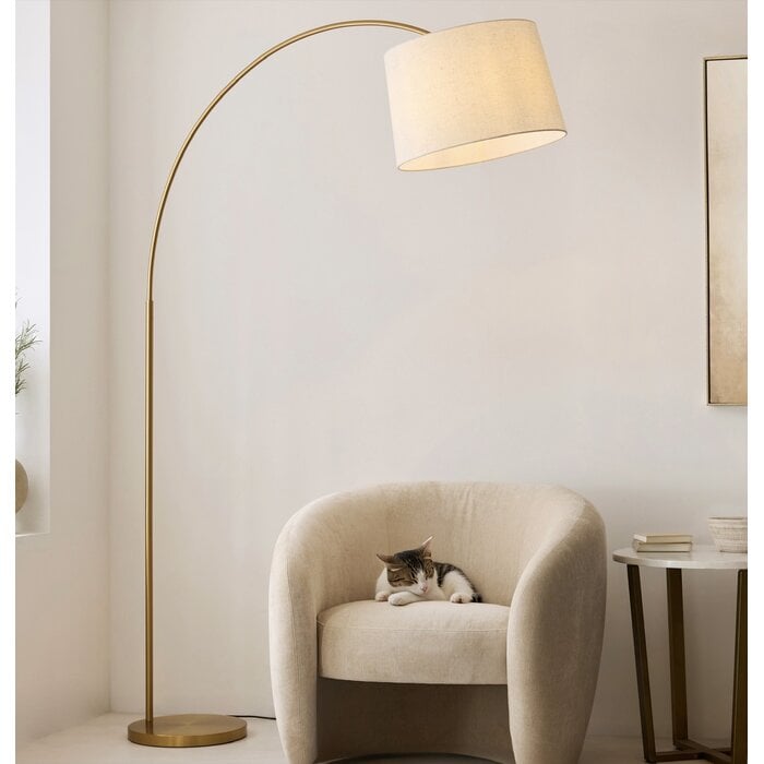 Carlton XL Modern Arc Brass Floor Lamp with Natural Fabric Shade