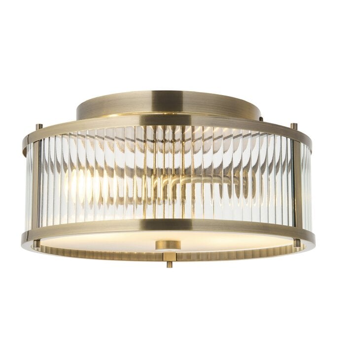 Morgan - Antique Brass & Ribbed Glass Flush Ceiling Light - Bathroom Rated