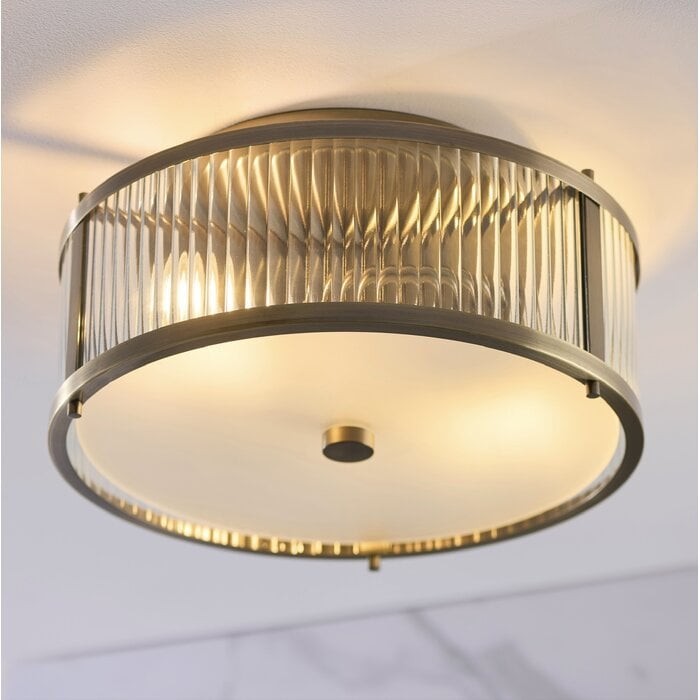 Morgan - Antique Brass & Ribbed Glass Flush Ceiling Light - Bathroom Rated