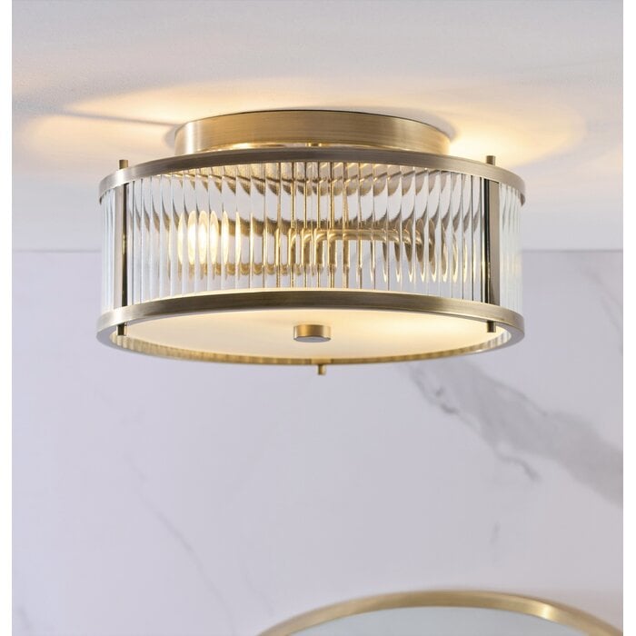 Morgan - Antique Brass & Ribbed Glass Flush Ceiling Light - Bathroom Rated