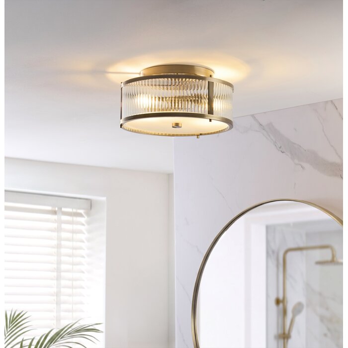 Morgan - Antique Brass & Ribbed Glass Flush Ceiling Light - Bathroom Rated