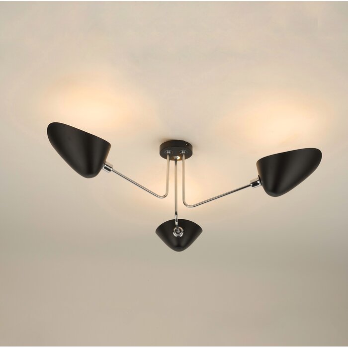 Crew - 50s Modernist Semi Flush Ceiling Light - Black & Chrome - 3 Light