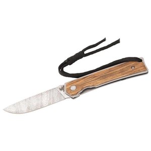 Baladeo One-hand knife Amarillo, AISI 420 steel, damask look, liner lock, thumb stud, ash wood handles, eyelet, cord