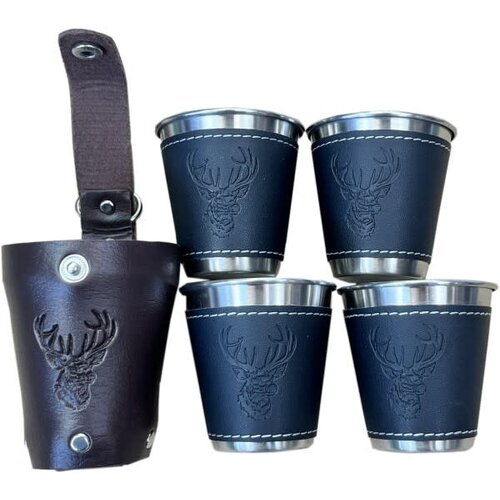 Beker set van 4 RVS bekertjes H5.7cm in lederen houder met Hert logo