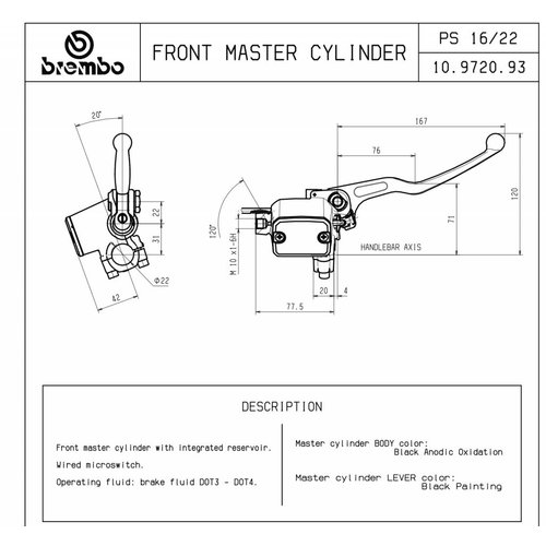 Brembo Handbremszylinder Bremspumpe PS16 Für 22MM Lenker