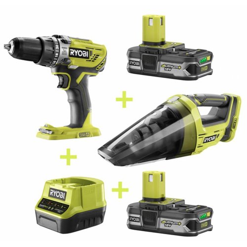 Ryobi ONE + Combo kit: Impact Drill + Hand Vacuum + 2x 1.3 ah 18v battery + Charger